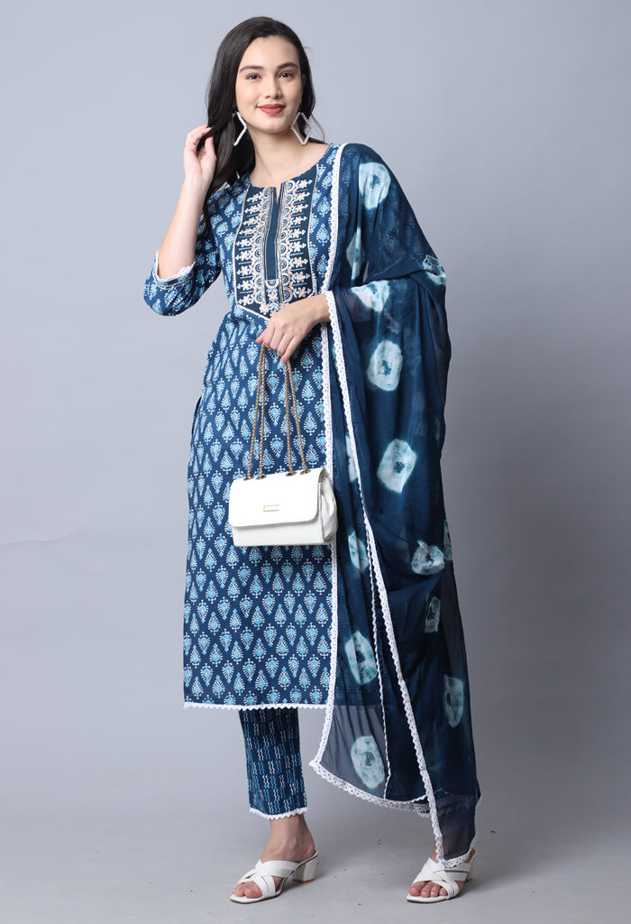 Blue Pure Cambric Cotton Floral Embroidered Kurta Set With Dupatta