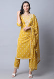 Yellow Pure Cambric Cotton Embroidered Kurta Set With Dupatta