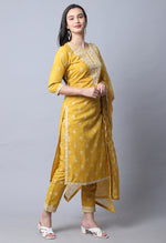 Load image into Gallery viewer, Yellow Pure Cambric Cotton Embroidered Kurta Set With Dupatta