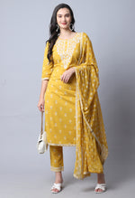 Load image into Gallery viewer, Yellow Pure Cambric Cotton Embroidered Kurta Set With Dupatta