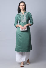 Load image into Gallery viewer, Bottle Green Chinon Viscous Embroidered Kurti
