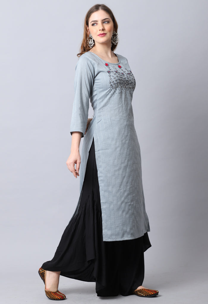Grey Rayon Viscose Embroidered Kurti