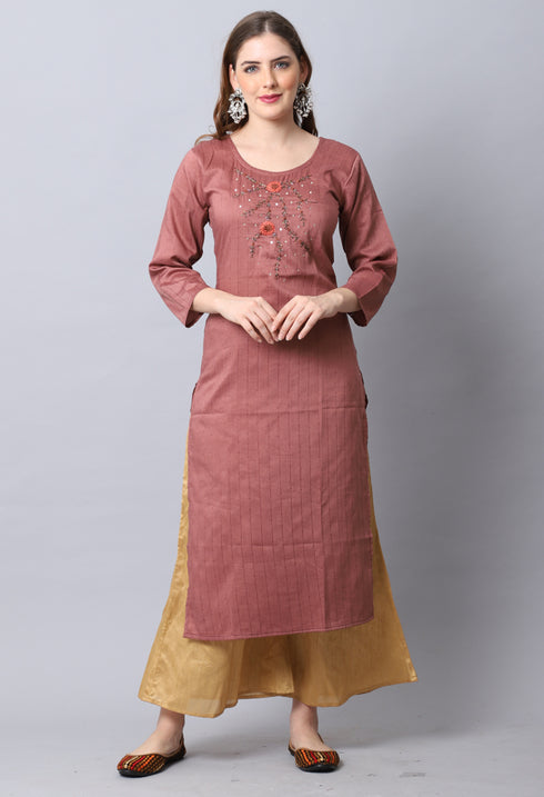 Brown Rayon Viscose Embroidered Kurti