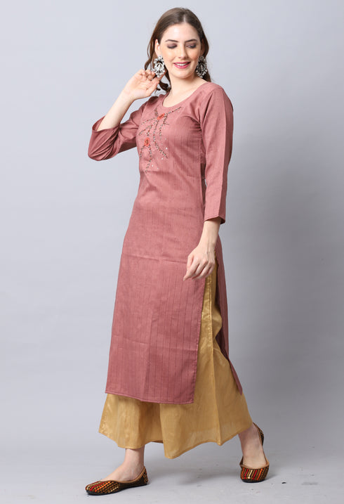 Brown Rayon Viscose Embroidered Kurti
