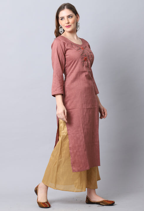 Brown Rayon Viscose Embroidered Kurti
