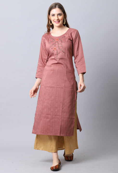 Brown Rayon Viscose Embroidered Kurti