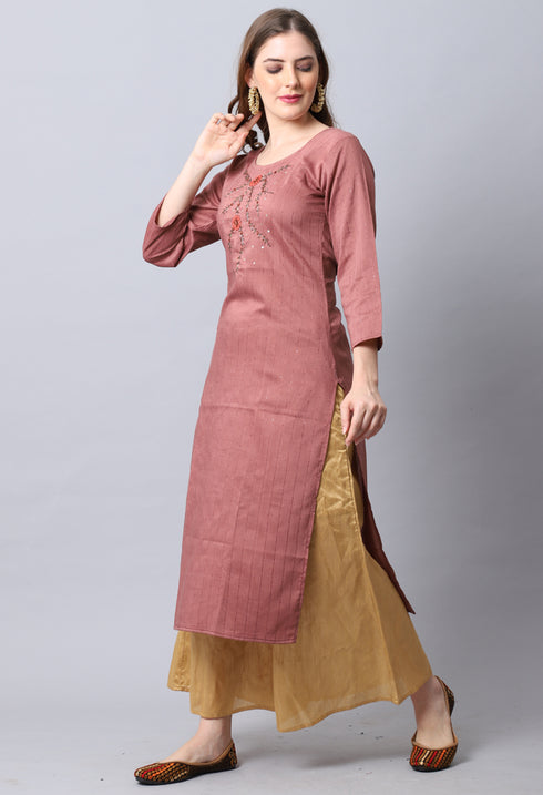 Brown Rayon Viscose Embroidered Kurti