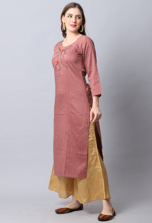 Brown Rayon Viscose Embroidered Kurti