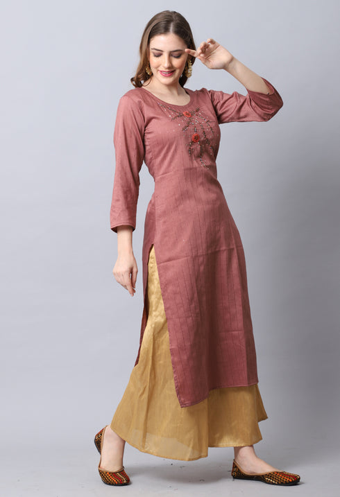 Brown Rayon Viscose Embroidered Kurti