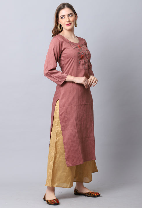 Brown Rayon Viscose Embroidered Kurti