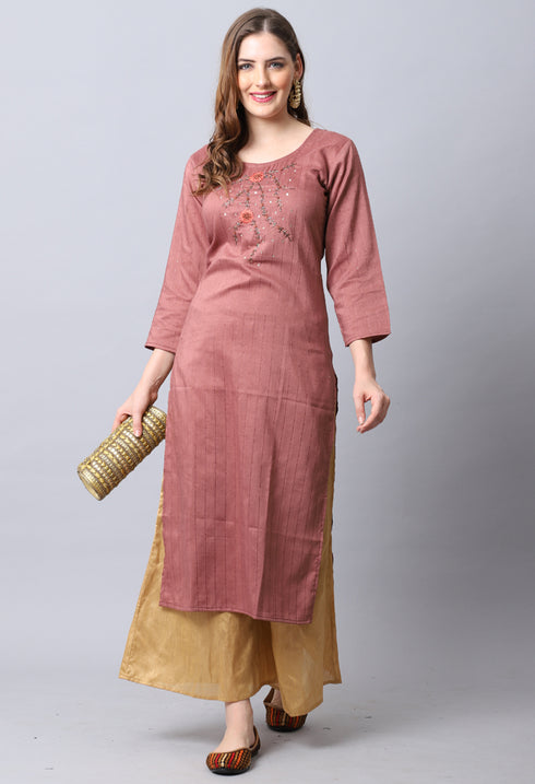 Brown Rayon Viscose Embroidered Kurti