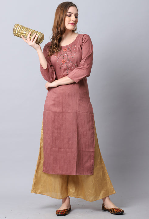 Brown Rayon Viscose Embroidered Kurti
