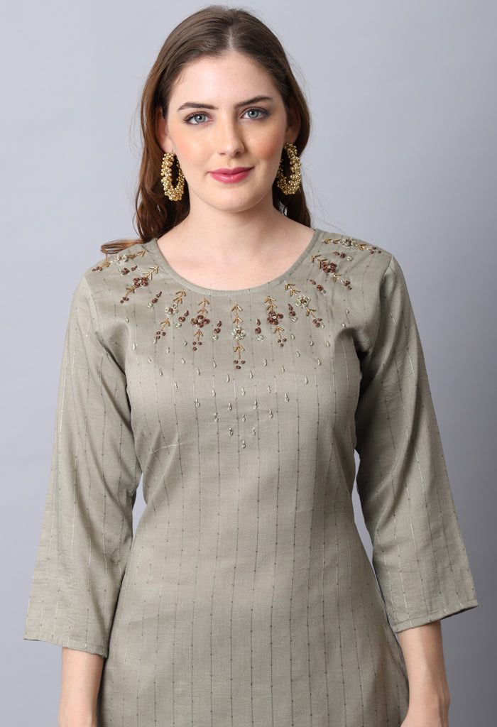 Olive  Rayon Viscose Embroidered Kurti