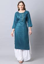 Load image into Gallery viewer, Teal Blue Rayon Viscose Embroidered Kurti