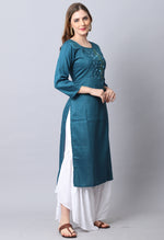 Load image into Gallery viewer, Teal Blue Rayon Viscose Embroidered Kurti