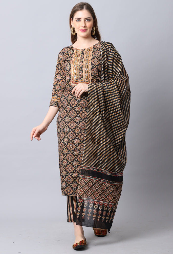 Black Pure Cambric Cotton Embroidered Kurta Set With Dupatta