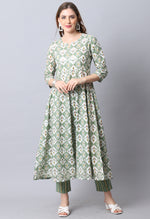 Load image into Gallery viewer, Green &amp; White Pure Cambric Cotton Embroidered Kurta Set With Dupatta