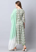 Load image into Gallery viewer, Green &amp; White Pure Cambric Cotton Embroidered Kurta Set With Dupatta