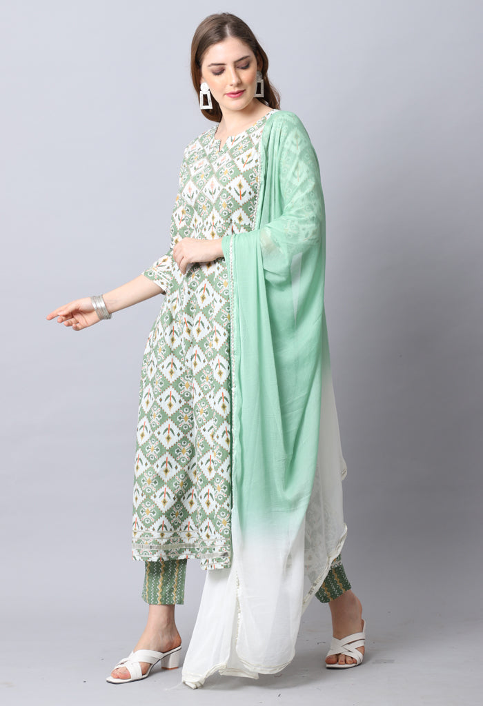 Green & White Pure Cambric Cotton Embroidered Kurta Set With Dupatta
