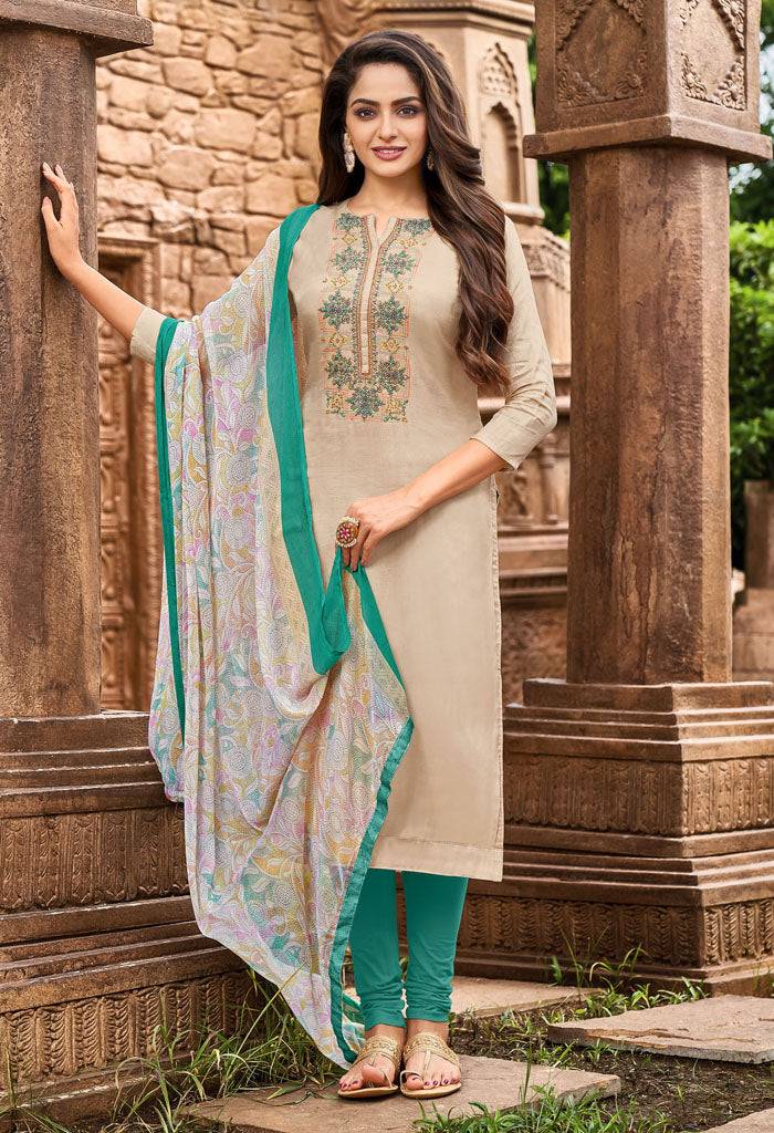 Beige Chanderi Silk Embroidered Salwar Suit Material - Rajnandini