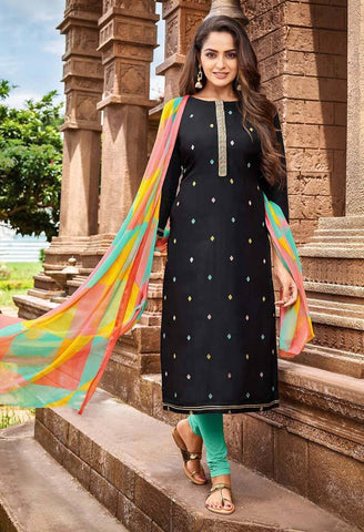 Black Chanderi Silk Embroidered Salwar Suit Material