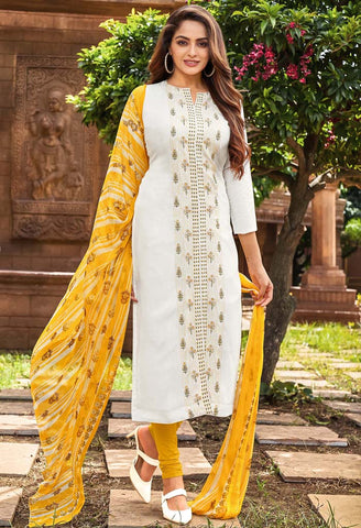 Off-White Chanderi Silk Embroidered Salwar Suit Material