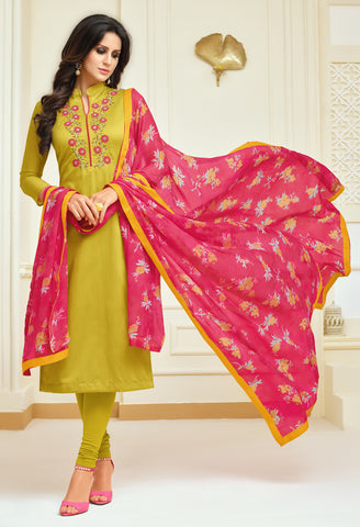 Mustard Chanderi Silk Embroidered Salwar Suit Material