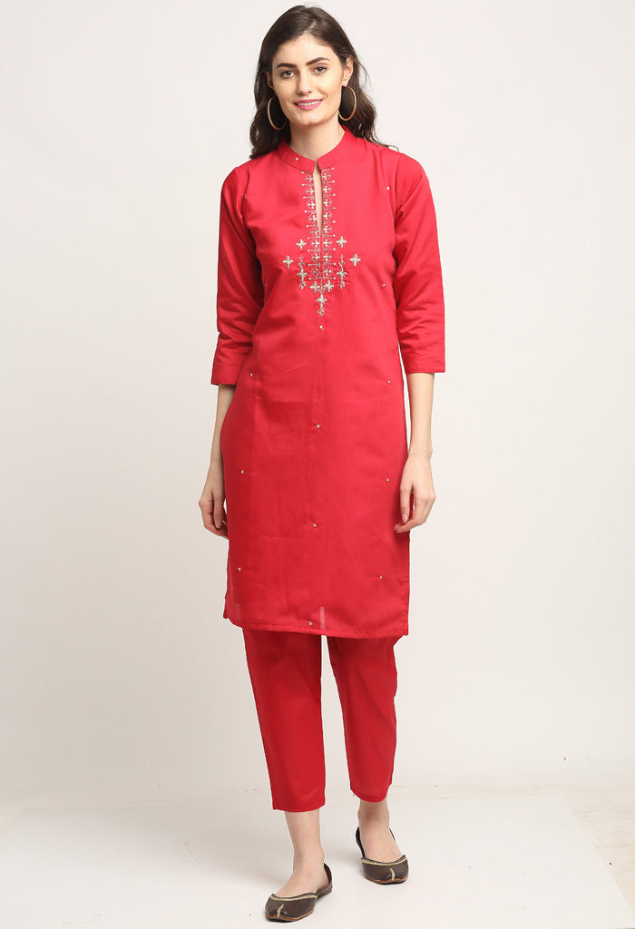 Red Chanderi Floral Embroidered Kurta Set With Dupatta
