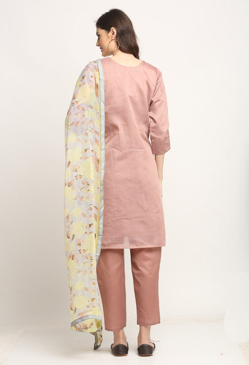 Mauve Pink Chanderi Floral Embroidered Kurta Set With Dupatta