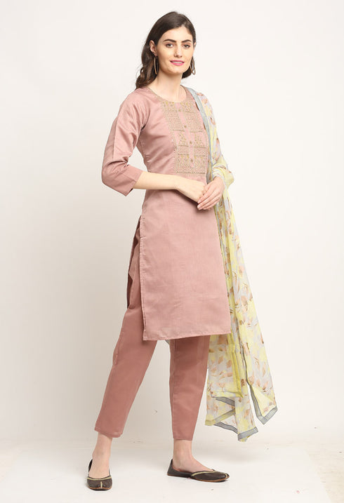 Mauve Pink Chanderi Floral Embroidered Kurta Set With Dupatta