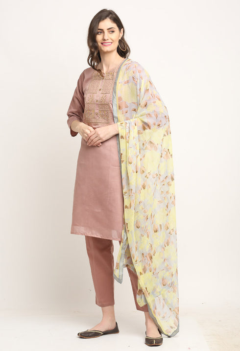 Mauve Pink Chanderi Floral Embroidered Kurta Set With Dupatta