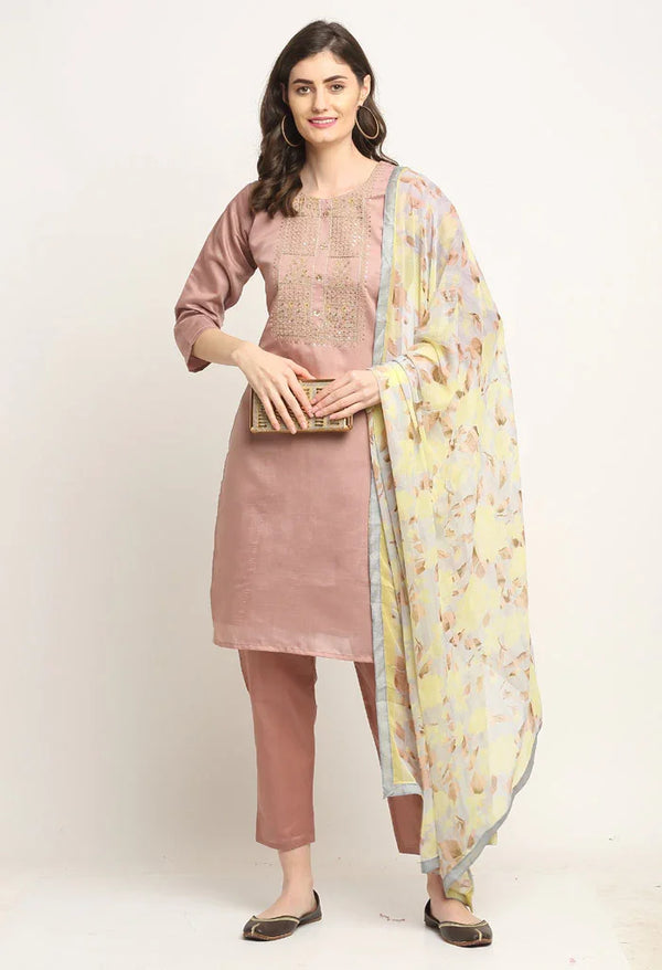 Mauve Pink Chanderi Floral Embroidered Kurta Set With Dupatta