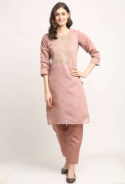 Mauve Pink Chanderi Floral Embroidered Kurta Set With Dupatta