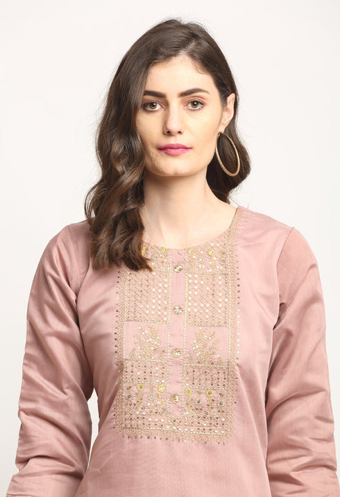 Mauve Pink Chanderi Floral Embroidered Kurta Set With Dupatta
