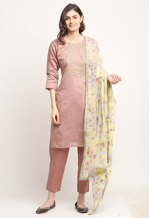 Mauve Pink Chanderi Floral Embroidered Kurta Set With Dupatta