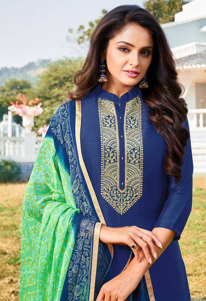 Blue Chanderi Silk Embroidered Salwar Suit Material