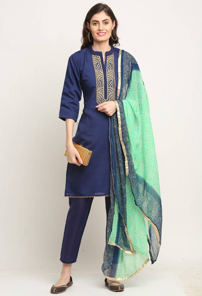 Blue Chanderi Floral Embroidered Kurta Set With Dupatta