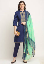 Load image into Gallery viewer, Blue Chanderi Floral Embroidered Kurta Set With Dupatta