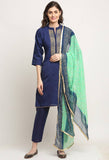 Blue Chanderi Floral Embroidered Kurta Set With Dupatta