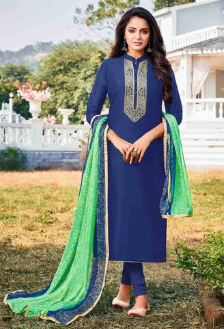 Blue Chanderi Silk Embroidered Salwar Suit Material