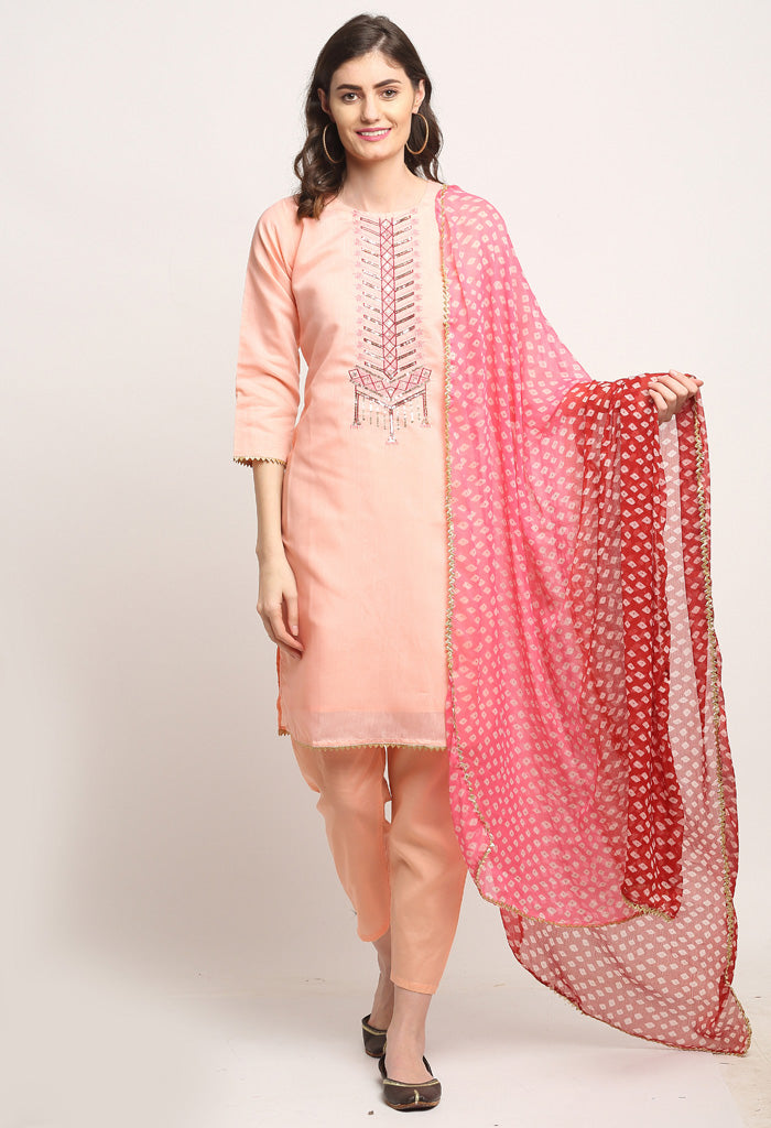 Peach Chanderi Floral Embroidered Kurta Set With Dupatta