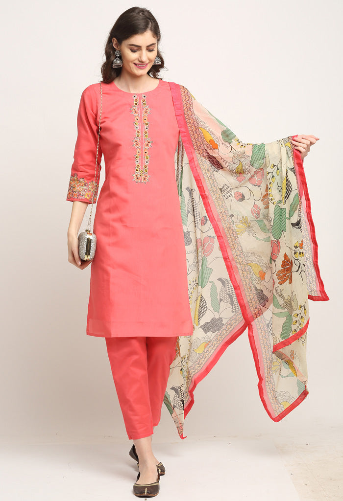 Pink Chanderi Floral Embroidered Kurta Set With Dupatta