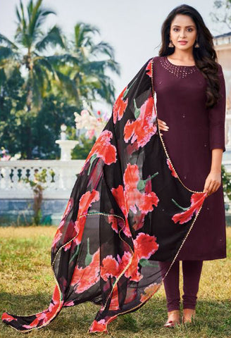 Wine Chanderi Silk Embroidered Salwar Suit Material