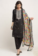 Load image into Gallery viewer, Black Chanderi Floral Embroidered Kurta Set With Dupatta