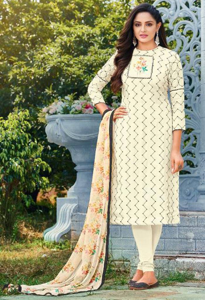Beige Chanderi Silk Embroidered Salwar Suit Material - Rajnandini