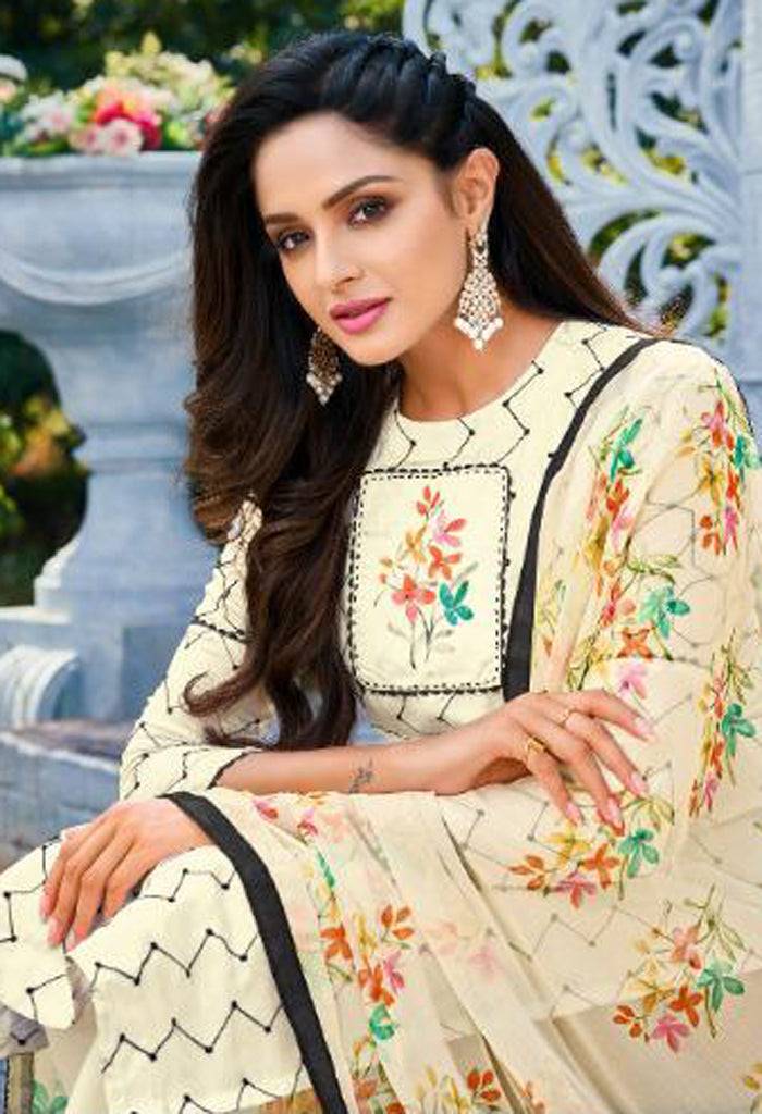 Beige Chanderi Silk Embroidered Salwar Suit Material - Rajnandini