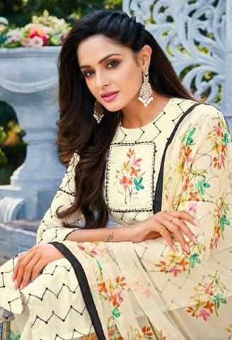 Beige Chanderi Silk Embroidered Salwar Suit Material