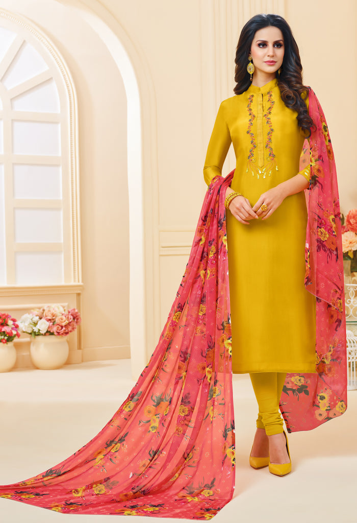 Yellow Chanderi Silk Embroidered Salwar Suit Material