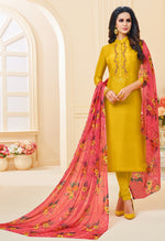 Load image into Gallery viewer, Yellow Chanderi Silk Embroidered Salwar Suit Material
