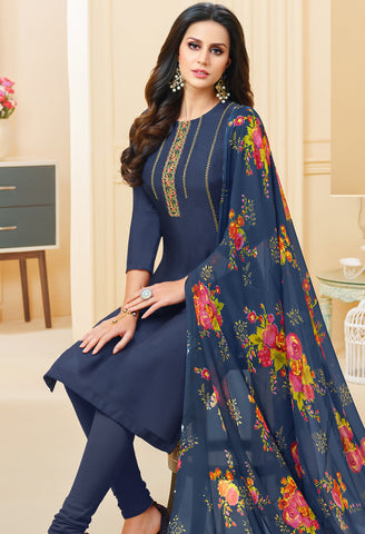 Navy Blue Chanderi Silk Embroidered Salwar Suit Material